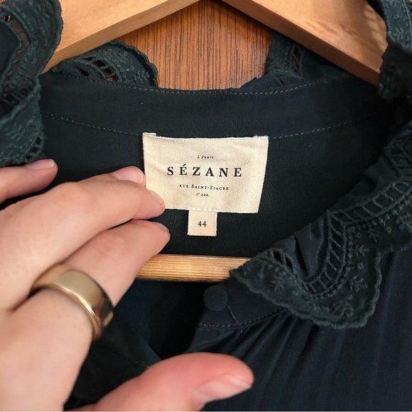 Sezane 100% Silk Green Blouse with Ruffles Women’s Size 44 / 12 - Picture 3 of 5